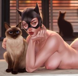 1girls areolae batman_(series) breasts cat catwoman dc dc_comics female female_only green_eyes large_lips long_eyelashes long_nails looking_at_viewer lying_on_stomach multiple_cats nipples nude othalam posing siamese_cat solo solo_focus the_pose