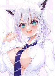 ahoge animal_ear_fluff animal_ears bangs blush braid breasts cotolet33 eyebrows_visible_through_hair female fox_ears fox_girl green_eyes hair_between_eyes highres hololive hololive_gamers hololive_gen_1 hololive_japan huge_breasts long_hair necktie oerba_yun_fang open_mouth shirakami_fubuki sidelocks simple_background single_braid skin_fang smile solo virtual_youtuber white_hair