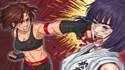 2girls angry ava_(brutalbrawl) beaten beaten_bloody beaten_up blood box brown_hair brutalbrawl catfight female female_only fight fighting heroine_in_trouble karate martial_arts multiple_girls purple_hair red_eyes rumi_(brutalbrawl) ryona tears