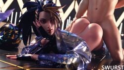 1boy 1girls 3d akali almost_naked ambiguous_penetration ass ass_focus ass_up big_ass blue_eyes blue_hair female k/da_all_out_akali k/da_all_out_series k/da_series league_of_legends looking_at_viewer male navel partially_clothed penetration swursterotic thick_ass waiting yellow_hair