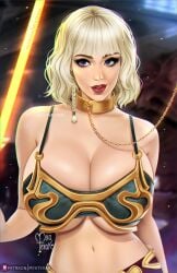 alternate_breast_size background bangs big_breasts bikini blonde_hair blue_eyes bob_cut bondage bra braid breasts chain_leash chained chains cleavage collar eyelashes eyes eyeshadow female femsub front_view grin huge_breasts leash light-skinned_female light_skin lightsaber loincloth long_eyelashes makeup midriff myaterak navel neckwear open_eyes orange_lightsaber particles patreon shin_hati short_hair short_hair_female slave_bikini slave_leia_(cosplay) slave_outfit solo standing star_wars star_wars:_ahsoka submissive tagme underboob watermark