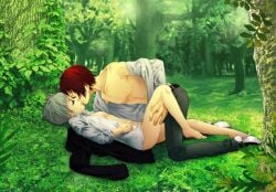 2boys abs akabane_karma androgynous blue_hair forest gay hand_on_thigh kissing male_only red_hair school_uniform sex shiota_nagisa student undressing yaoi