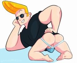 1boy ass balls blonde_hair cartoon_network gay jockstrap johnny_bravo johnny_bravo_(series) looking_back male male_focus male_only muscles muscular muscular_male on_all_fours pinkmustacheguy sunglasses taint yaoi