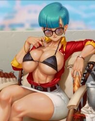 1girls abs belly_button big_breasts bikini_top blue_hair breasts bulma_briefs busty daytime dragon_ball eyewear female female_only hourglass_figure ice_cube ice_cube_on_body latex miniskirt shades sitting skirt sleeves_rolled_up solo sunglasses taboolicious tagme thick_thighs tight_clothing tinted_eyewear watch wide_hips