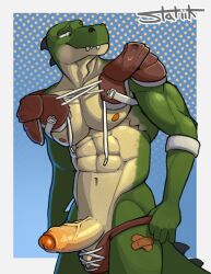 abs accessory alligator alligatorid american_football anthro band-aid bandage big_muscles big_penis biped bottomwear bottomwear_down bottomwear_pull clothed clothing clothing_pull crocodilian football_gear foreskin genitals glistening glistening_genitalia glistening_penis hi_res huge_muscles humanoid_genitalia humanoid_penis male male_only mostly_nude mostly_nude_anthro mostly_nude_male muscular muscular_arms nipples partially_clothed partially_clothed_anthro partially_clothed_male pecs penis pinup pose reptile scalie shoulder_pads solo sport statiik_(artist) topwear undressing undressing_self vein veiny_penis