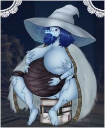 1girls belly big_belly big_breasts bloopsyblue blue_skin breasts elden_ring female hat huge_breasts nipples pregnant ranni_the_witch solo_female