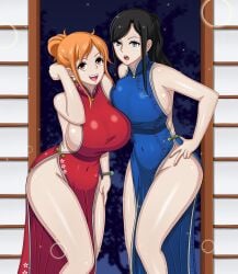 2girls big_breasts china_dress chinese_clothes coresix dress female female_only fully_clothed nami new_year nico_robin one_piece post-timeskip red_dress revealing_clothes sideboob thick_thighs