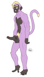 anthro balls boyhowdy erection fan_character fur genital_piercing genitals haplorhine hi_res holding_penis male mammal monkey monkey_boy monkey_feet monkey_tail muscular muscular_anthro muscular_male nipple_piercing nipples penis piercing prehensile_feet primate purple_body purple_fur smile solo