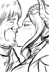 1boy 1girls black_and_white blush edelgard_von_hresvelg eye_contact female fire_emblem fire_emblem:_three_houses french_kiss horns kiss kissing male nintendo post-timeskip sketch tonsuke ugly_bastard