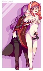 1futa 1girls ball_fondling balls blush breast_grab breasts celica_(fire_emblem) clothed clothed_female clothing disembodied_hands duo erection female fire_emblem fire_emblem_echoes:_shadows_of_valentia from_behind fully_clothed futa_with_female futanari handjob headband human kissing_shoulder kono-chery light-skinned_female light-skinned_futanari light_skin long_hair nude nude_futanari one_eye_closed penis purple_hair red_eyes red_hair shoulder_kiss small_breasts smiling sonya_(fire_emblem) standing