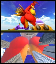 3d_(artwork) absurd_res anthro antonioy111 ass avian banjo-kazooie beak big_breasts big_butt bird breasts city clothing digital_media_(artwork) feathers female footwear genitals green_eyes hand_on_hip hi_res kazooie looking_at_viewer looking_back looking_back_at_viewer macro narrowed_eyes nipples nude open_mouth purple_clothing purple_footwear purple_socks pussy rareware red_body red_feathers socks solo source_filmmaker video_games yellow_beak yellow_body yellow_feathers