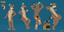 5_fingers anthro ass biped black_body black_claws black_ears black_fur black_tail blue_background book brown_body brown_ears brown_fur brown_head_tuft brown_pupils cheek_tuft chest_tuft claws color_swatch crotch_tuft dipstick_tail ear_tuft elbow_tufts facial_tuft felid feline finger_claws fingers flake_(flakepardinus) front_view fur glistening glistening_eyes head_tuft lamp lava_lamp lynx male mammal markings model_sheet monitor multiple_poses narrowed_eyes navel nude orange_eyes oselotti pawpads pink_pawpads plantigrade pose pupils rear_view red_nose short_tail signature simple_background smile solo spots spotted_arms spotted_legs spotted_markings spotted_tail standing tail_markings tan_body tan_chest tan_ears tan_fur tan_tail tuft white_body white_fur