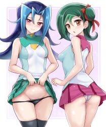 2girls blue_hair blush brown_eyes female green_hair kamishiro_rio kotori_mizuki mizuki_kotori_(yuu-gi-ou_zexal) panties r-binon red_eyes rio_kamishiro school_uniform tori_meadows underwear yu-gi-oh! yu-gi-oh!_duel_links yu-gi-oh!_zexal