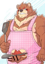 2022 anthro apron balls belly big_belly blue_eyes blush brown_body brown_fur clothing erection fur genitals heart hi_res humanoid_genitalia humanoid_hands humanoid_penis kemono male mammal overweight overweight_male penis ryuta-h solo spatula tools ursid