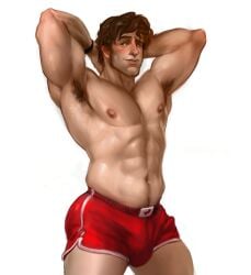 armpits art_of_rocket big_bulge bulge flexing gay male_only muscles muscular muscular_male rocko_(art_of_rocket) short_shorts smirking solo_male