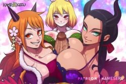 1boy 3girls anthro beast_pirates_(cosplay) blush breasts carrot_(one_piece) female foursome group_sex harem horn huge_cock kameseru large_penis looking_at_viewer male monkey_d_luffy nami nico_robin one_piece paizuri post-timeskip pov smile titjob triple_paizuri