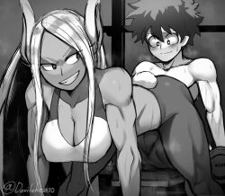 1boy 1girls blush blush_lines breasts bunny_ears bunny_girl bunny_tail deku devilukez female greyscale imminent_sex izuku_midoriya long_hair looking_at_ass male male/female miruko monochrome muscular muscular_arms muscular_female muscular_legs muscular_male muscular_thighs my_hero_academia rumi_usagiyama sketch steam sweat training working_out