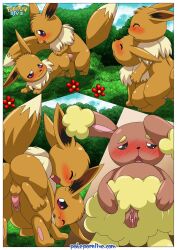 anthro ass backsack balls bbmbbf blush buneary closed_eyes comic eevee female male male/female nintendo one_eye_closed open_mouth palcomix penis pokemon pokemon_(species) pokepornlive pussy sex tongue vaginal_penetration vaginal_sex