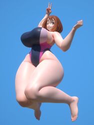 1girls 3d armpit armpits big_breasts blue_background cc clothed feet jumping jumpsuit my_hero_academia ochako_uraraka peace_sign shounen_jump sideboob tagme thick_thighs usukeninja v