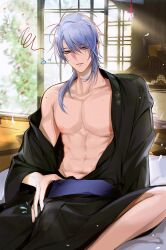 1boy bishonen genshin_impact kamisato_ayato light-skinned_male light_skin male male_focus male_only mole mole_under_mouth nipples pecs pnk_crow pretty_boy solo solo_male