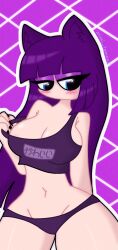 big_breasts big_eyes blue_eyes blush cat_ears catgirl crop_top cute dark_purple_hair eyeshadow female female_only japanese_text light_skin long_hair makeup no_mouth panties purple_background raku_sarvin self_upload simple_background solo thick_thighs unknown_character