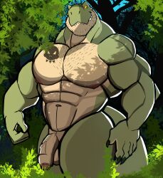 abs absurd_res anthro balls big_muscles big_pecs body_hair chest_hair darknaigart dinosaur facial_hair flaccid forest genitals green_body hi_res humanoid_genitalia humanoid_penis jace_(darknaig) male male_focus male_only male_solo muscular muscular_anthro muscular_male nipples nude outside pecs penis plant reptile scalie solo solo_male tattoo theropod thick_thighs tree tyrannosaurid tyrannosaurus tyrannosaurus_rex