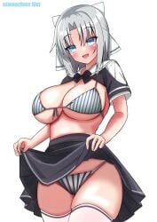 bikini_under_clothes black_and_white_bikini blue_eyes blush eyebrows_visible_through_hair flashing grey_hair looking_at_viewer open_mouth partially_clothed senran_kagura skindentation skirt skirt_lift smile stoneriver striped_bikini tights yumi_(senran_kagura)