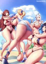 4girls absurd_res ass bangs beach beidou_(genshin_impact) bikini black_hair blonde_hair blue_eyes blue_hair breasts brown_hair earrings female female_only genshin_impact green_eyes high_heels highres huge_breasts jean_gunnhildr large_breasts legs long_hair mole mole_on_breast multicolored_eyes multicolored_hair multiple_girls navel on_knees open_mouth pachpachpachi pulling_down_pants red_eyes ribbon shenhe_(genshin_impact) shiny_skin short_hair smile standing stripping swimsuit thighs underboob white_hair yelan_(genshin_impact)