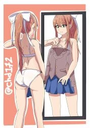 1girls artist_name ass back blue_skirt bow bra brown_hair butt chd172_(artist) chrisdorian chrisdorian17_(artist) doki_doki_literature_club female getting_dressed green_eyes hair hair_bow hair_ribbon hairbow hanger holding_clothes holding_clothing long_hair mirror monika_(doki_doki_literature_club) panties skirt solo solo_female standing underwear watermark white_bow white_bra white_hair_bow white_panties