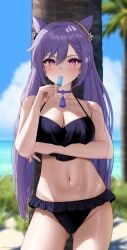 1girls beach belly_button big_breasts bikini blush breasts cleavage genshin_impact groin hi_res keqing_(genshin_impact) kohanayuki looking_at_viewer navel popsicle purple_eyes purple_hair tropical