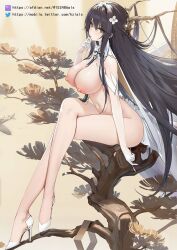 1girls azur_lane black_hair fake_horns female female_only flower flower_in_hair gloves highres hzlals indomitable_(azur_lane) large_breasts light-skinned_female light_skin long_hair nipples official_artwork_edit royal_navy_(azur_lane) solo thick_thighs