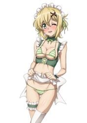 akatsuki_kirika apron bikini blonde_hair blush breasts female frills fujikawa_daichi green_bikini green_eyes hair_ornament looking_at_viewer maid maid_bikini maid_headdress medium_breasts multicolored_bikini multicolored_clothes navel one_eye_closed senki_zesshou_symphogear shimapan shiny shiny_hair shiny_skin short_hair simple_background skindentation solo standing striped striped_bikini swimsuit underboob waist_apron white_background white_bikini x_hair_ornament