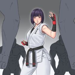 1girls black_belt brutalbrawl enemy faceless_male fight gloves heroine heroine_in_trouble karate martial_arts mixed_fight muscular_male purple_hair rumi_(brutalbrawl) surrounded sweat sweatdrop sweating