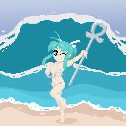 beach bikini blue_eyes blue_hair camelot exposed_breasts golden_sun happy long_hair looking_at_viewer mia_(golden_sun) nintendo ocean one_eye_closed pix!d pixel_art pose smile sprite sprite_art staff string_bikini wardrobe_malfunction water wave wink