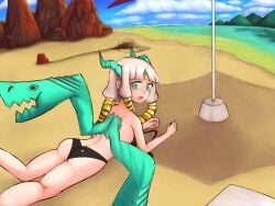 1girls ass baitousagi beach bikini dat_ass dragon dragon_girl dragon_marked_for_death green_eyes horn horns inti_creates long_hair medium_breasts monster_girl oracle_(dmfd) pale_skin sunbathing undone_bikini undone_bra white_hair wings