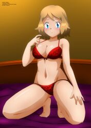 1girls blonde blonde_female blonde_hair blue_eyes blush blushing bow_bra bra game_freak hand_on_thigh hand_on_thighs hands_on_thighs looking_at_viewer nintendo panties pokemon pokemon_xy red_bra red_panties red_underwear serena_(pokemon) smile smiling solo staring_at_viewer underwear underwear_only zel-sama