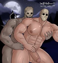 2boys aledraws19 anal_sex balls boner dead_by_daylight dick erection erection_under_clothes friday_the_13th from_behind_position gay jason_voorhees male male/male male_only male_penetrated male_penetrating_male muscular muscular_male nude outside pecs sex tagme the_trapper touching yaoi