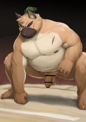 2022 absurd_res anthro barontoko belly big_belly black_nose blush brown_body canid canine canis censored closed_eyes domestic_dog genitals hi_res humanoid_genitalia humanoid_hands humanoid_penis kemono lifewonders male mammal moobs navel nipples overweight overweight_male penis scar solo sumo sumo_ring tokyo_afterschool_summoners video_games yasuyori