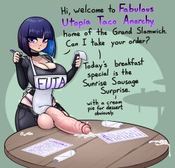 1futa april_(limebreaker) apron balls bangs big_breasts blue_hair bob_cut breasts choker cleavage clothed clothing cum dialogue erection futa_only futanari hair_intakes huge_balls huge_cock human jeans leaking_cum light-skinned_futanari light_skin limebreaker menu mostly_clothed original original_character penis penis_on_table penis_out penis_vein precum purple_eyes restaurant short_hair simple_background solo standing text thong waitress wooden_table