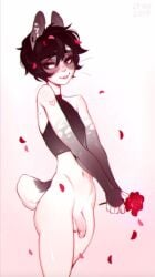 1boy animal_ears balls ballsack binder_(restraint) black_hair bottomless bushy_tail clitty crossdressing cute_male femboy flaccid_penis flat_chest flower flower_petals fluffy_tail frenky_hw furry girly_boy heart_tattoo humanoid humanoid_penis limp limp_penis male male_only matt_donovan rose rose_(flower) rose_petals scrotum shaved_crotch skinny small_penis smooth_penis smooth_skinned_male solo tail tattoo testicles trap twink white_fur