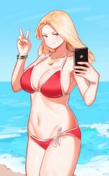 bare_shoulders bikini blonde_hair blue_eyes blush bracelet cell_phone cleavage collarbone female_only femsub grand_theft_auto grand_theft_auto_v gtav_cover_girl happy huge_breasts long_hair navel necklace phone ryusei_hashida smile solo