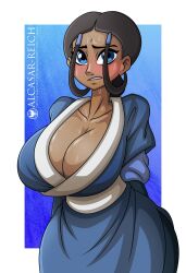 alcasar-reich alternate_breast_size avatar_the_last_airbender blush breasts cleavage clothing dark-skinned_female female female_only huge_breasts inuit katara large_breasts looking_at_viewer sweatdrop sweating water_tribe