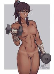 1girls abs armwear artist_name avatar_legends brown_body casual dark-skinned_female dark_skin dumbbell exercise female fit_female fitness handwear human iahfy korra medium_breasts muscular_female nude shaved_crotch shaved_pussy solo straight_hair tanline the_avatar the_legend_of_korra water_tribe weights