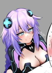 1boy 1girls assertive assertive_female big_breasts blush bodysuit breast_press breasts busty captainrox cleavage dated female flirting goddess hi_res hug huge_breasts male naughty_face neptunia_(series) purple_heart_(neptunia) seductive seductive_smile smile sweat sweating_profusely