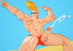 1boy beach boner cartoon_network caucasian cum cumming erect_penis erection flexing hard_on johnny_bravo johnny_bravo_(series) light_skin male male_focus male_only male_solo muscles muscular muscular_male outdoors outside penis_out penis_through_leghole pinkmustacheguy solo_male speedo sunglasses