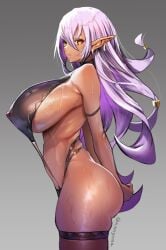 amamiya_(abaros) big_ass big_breasts dark-skinned_female elf original_character purple_hair sideboob sweat