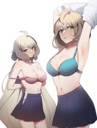 2girls armpits arms_up blonde_hair blue_bra blue_eyes blue_skirt bra breasts clothing enna_alouette female long_hair matching_underwear medium_breasts millie_parfait nijisanji nijisanji_en panties pink_bra pink_panties short_hair skirt taking_clothes_off topwear undressing virtual_youtuber white_hair