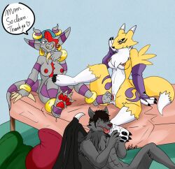 1boy 2girls anthro bed claws digimon english_text feet feet_licking furry grey_fur large_breasts licking nelsonnoir original_character pawpads pussy renamon saliva saliva_on_feet sharp_teeth tail tongue tongue_out wings yellow_fur