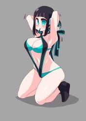 android android_girl bikini black_hair blue_bikini blue_eyes blue_swimsuit blue_swimwear blush blushing is_(kamen_rider_zero-one) kamen_rider kamen_rider_zero-one_(series) otokam1117 ribbon ribbon_bondage robot robot_ears robot_girl robot_humanoid swimsuit swimwear