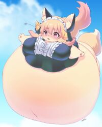 2022 air_inflation anthro ass belly belly_expansion belly_inflation big_belly big_breasts blonde_hair blue_sky blush blush_lines bodily_fluids breasts canid canine clothing cloud digital_drawing_(artwork) digital_media_(artwork) expansion eyelashes eyelashes_through_hair female floating fox fur hair hi_res horn huge_breasts hyper hyper_belly hyper_inflation inflation inner_ear_fluff maid_apron maid_headdress maid_uniform mammal navel open_mouth pawpads pink_eyes racal_ra signature sky solo tears thick_arms translated_description translucent translucent_hair tuft uniform unknown_species yellow_body yellow_fur yellow_tail